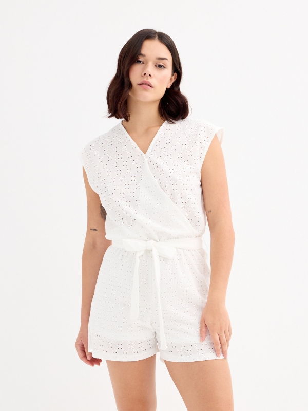White short Swiss embroidered monkey white front view