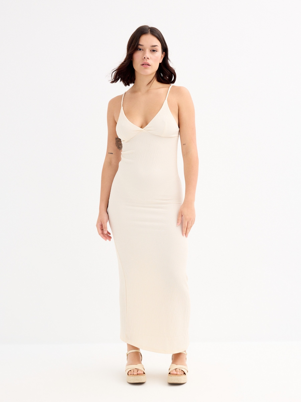 Sand-colored strappy midi dress sand middle front view