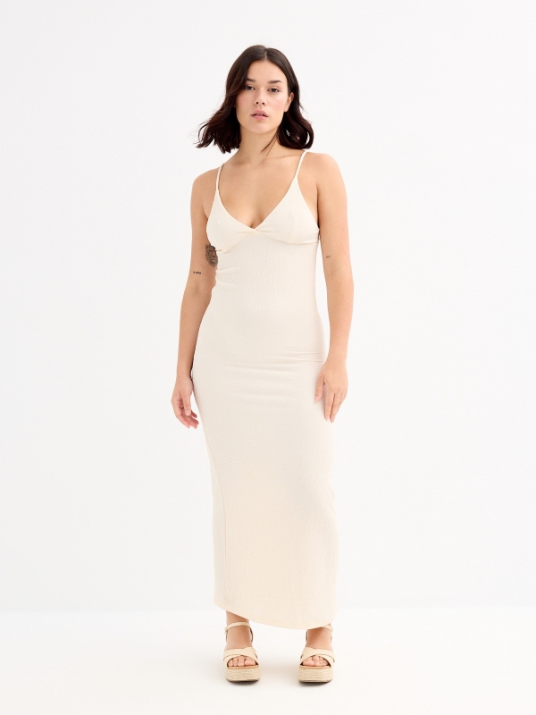 Sand-colored strappy midi dress sand middle front view