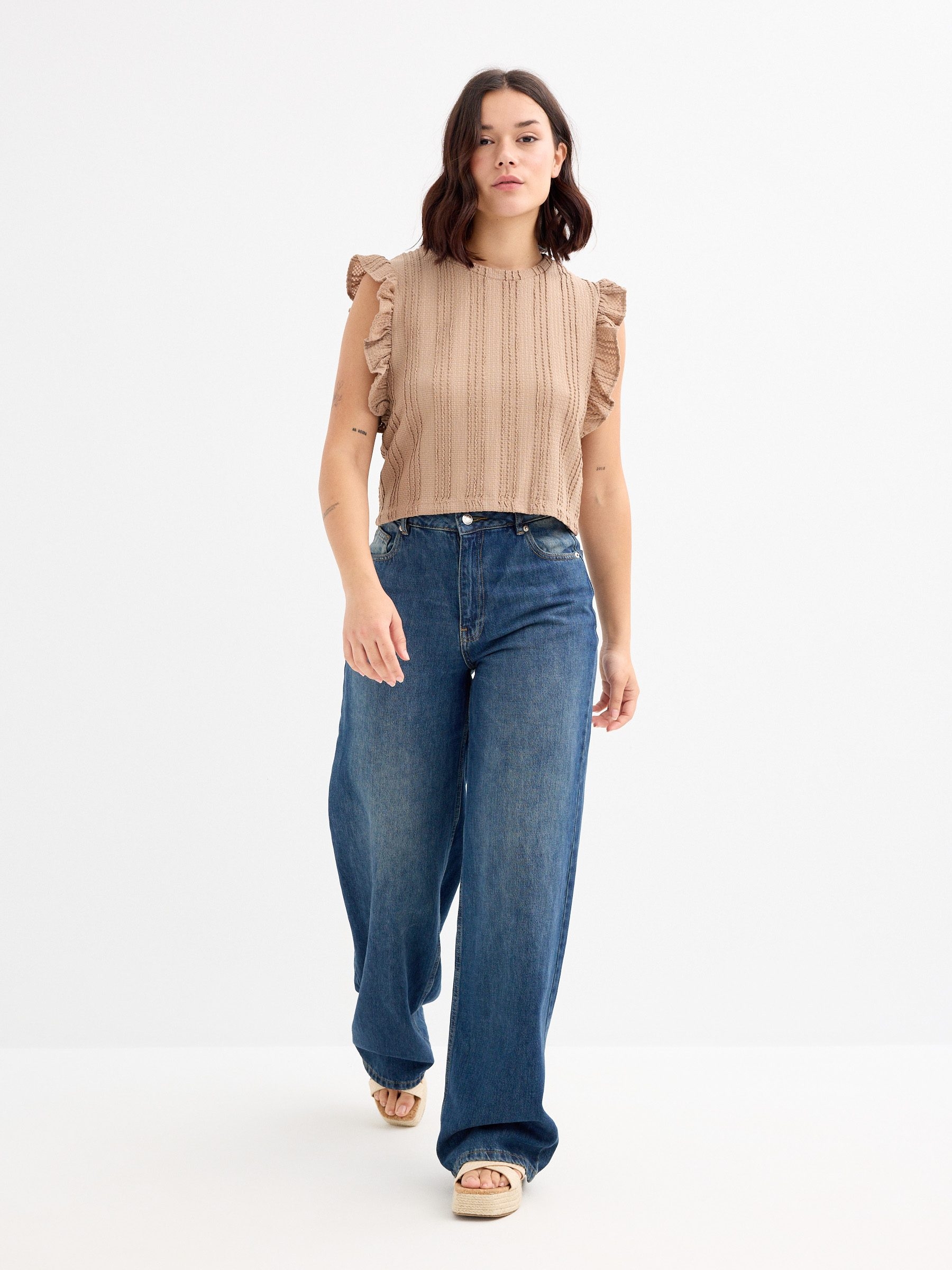 Crop ruffle top taupe middle front view