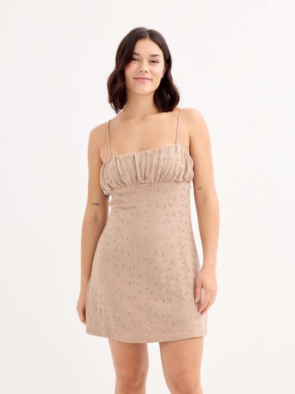 Embroidered mini dress taupe middle front view