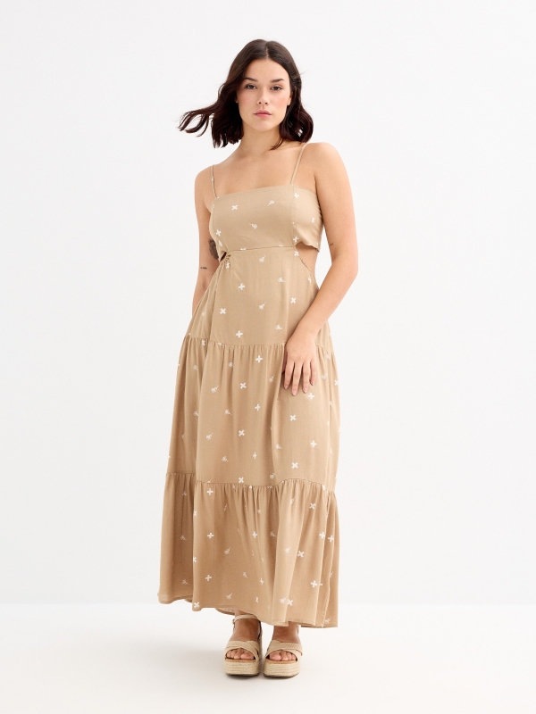 Midi floral dress with slit taupe middle front view