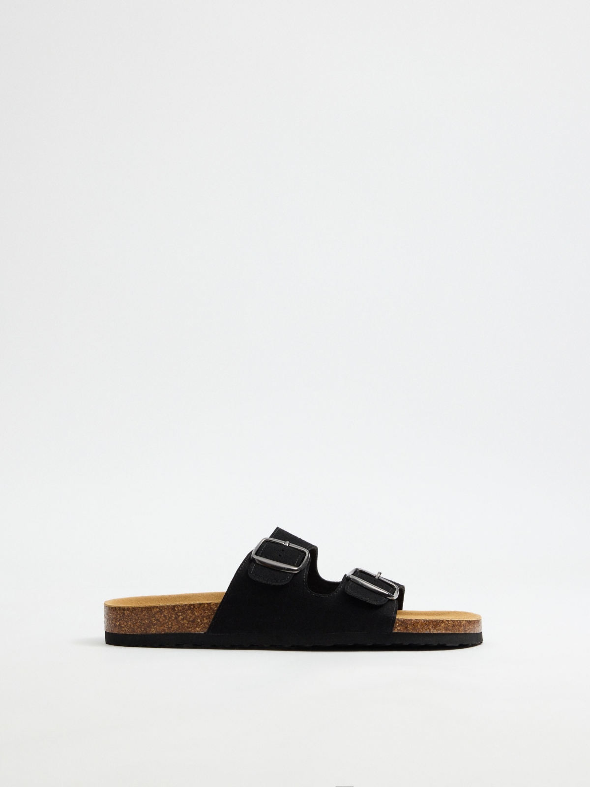 Black double strap flat sandal with buckle black profile view