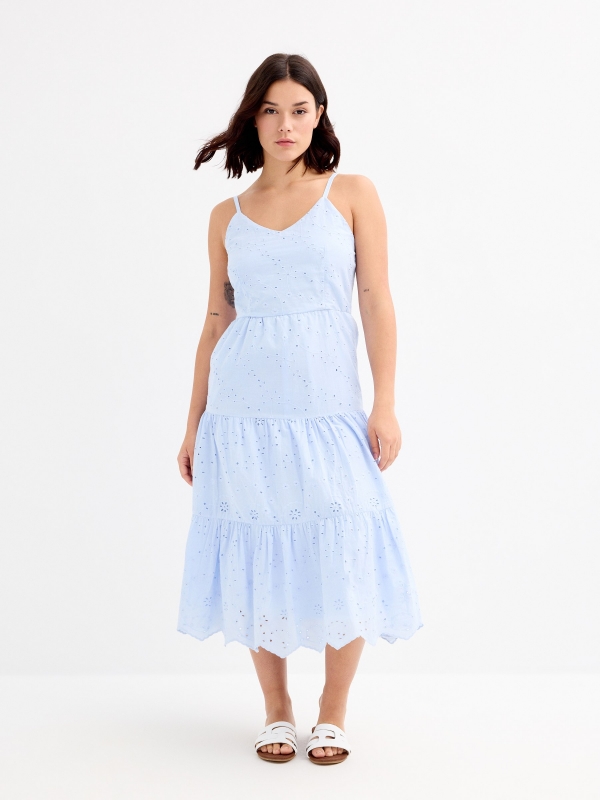 Vestido longo painéis azul vista meia frontal
