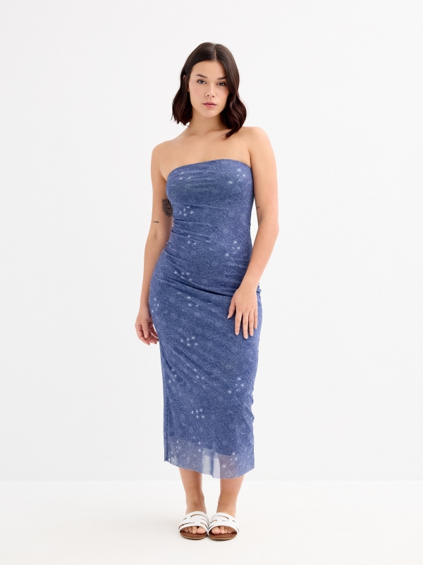 Fitted strapless midi dress navy middle front view