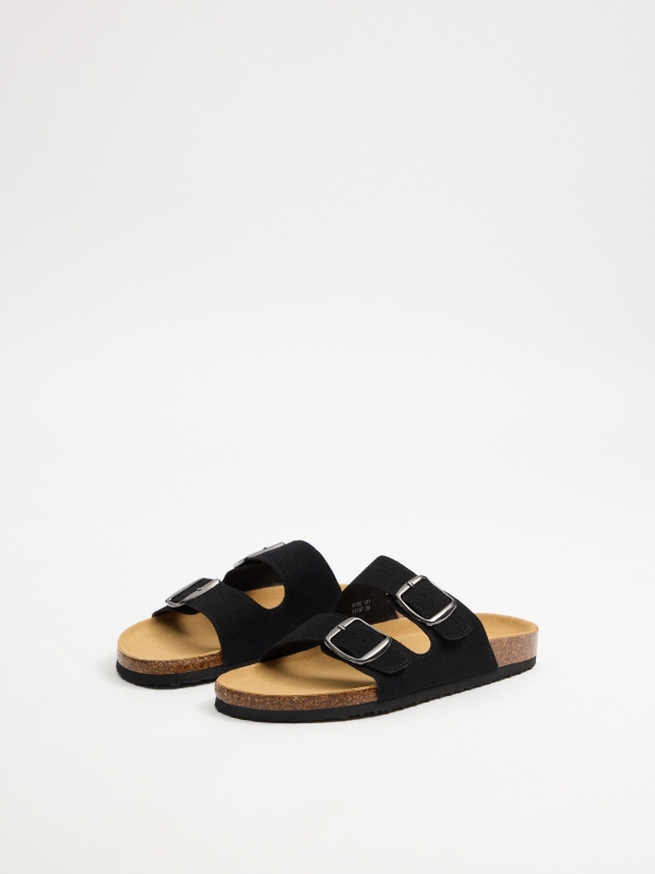 Black double strap flat sandal with buckle black 45º front view