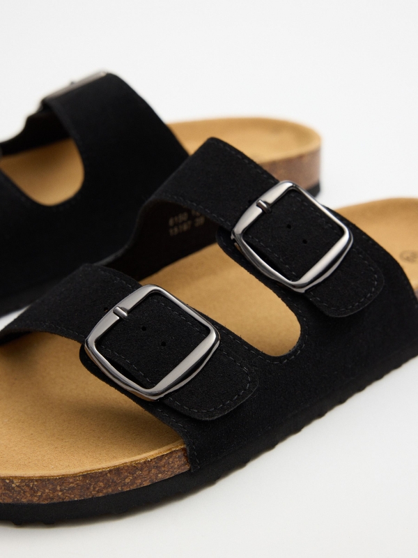 Black double strap flat sandal with buckle black zenithal view
