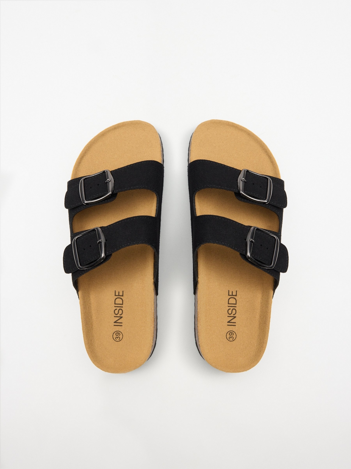 Black double strap flat sandal with buckle black detail view