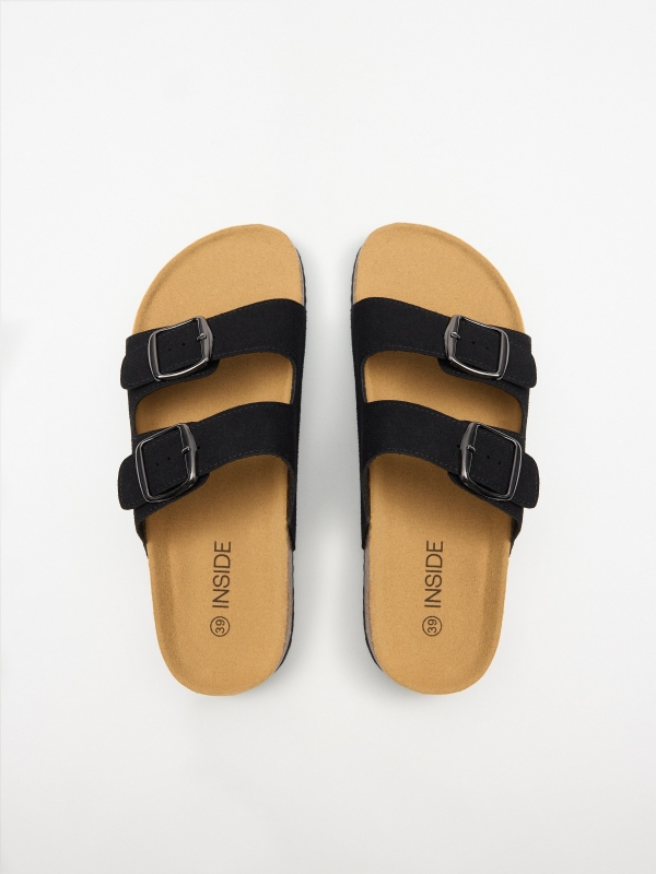 Black double strap flat sandal with buckle black detail view