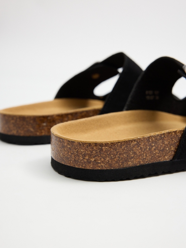 Black double strap flat sandal with buckle black detail view