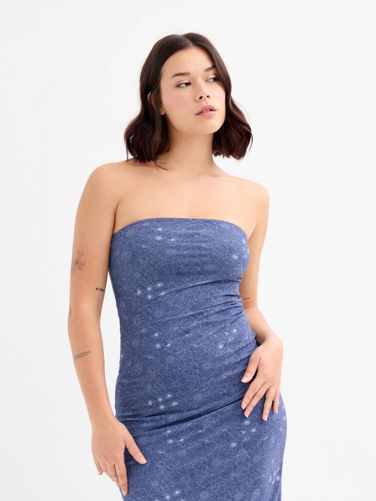 Fitted strapless midi dress navy front view