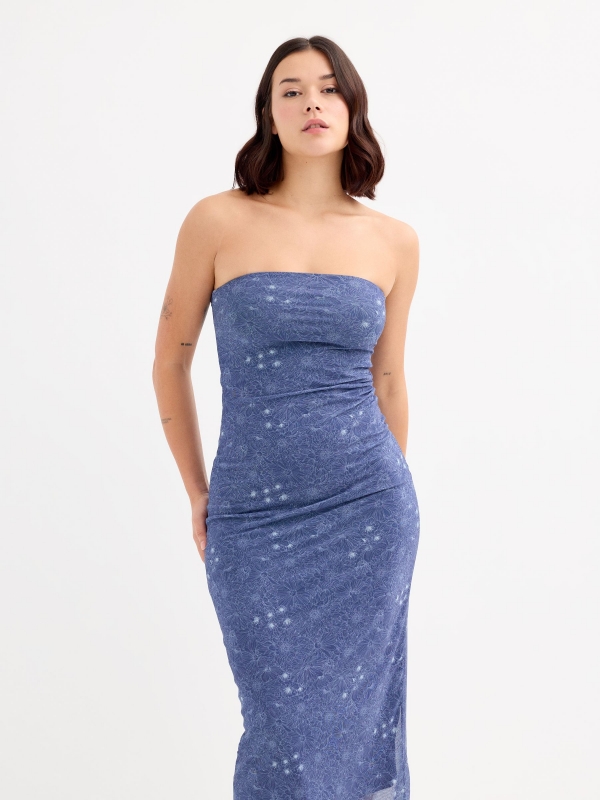  Fitted strapless midi dress navy