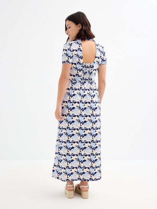 Vestido longo estampado flores azul marinho vista meia traseira