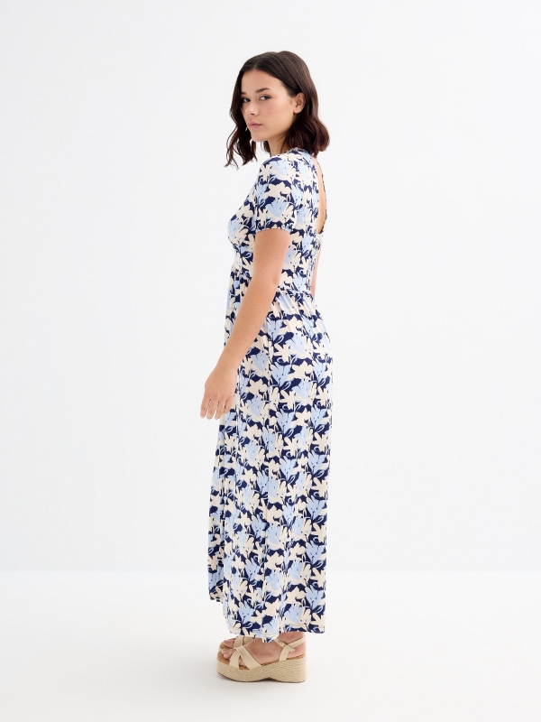  Vestido longo estampado flores azul marinho