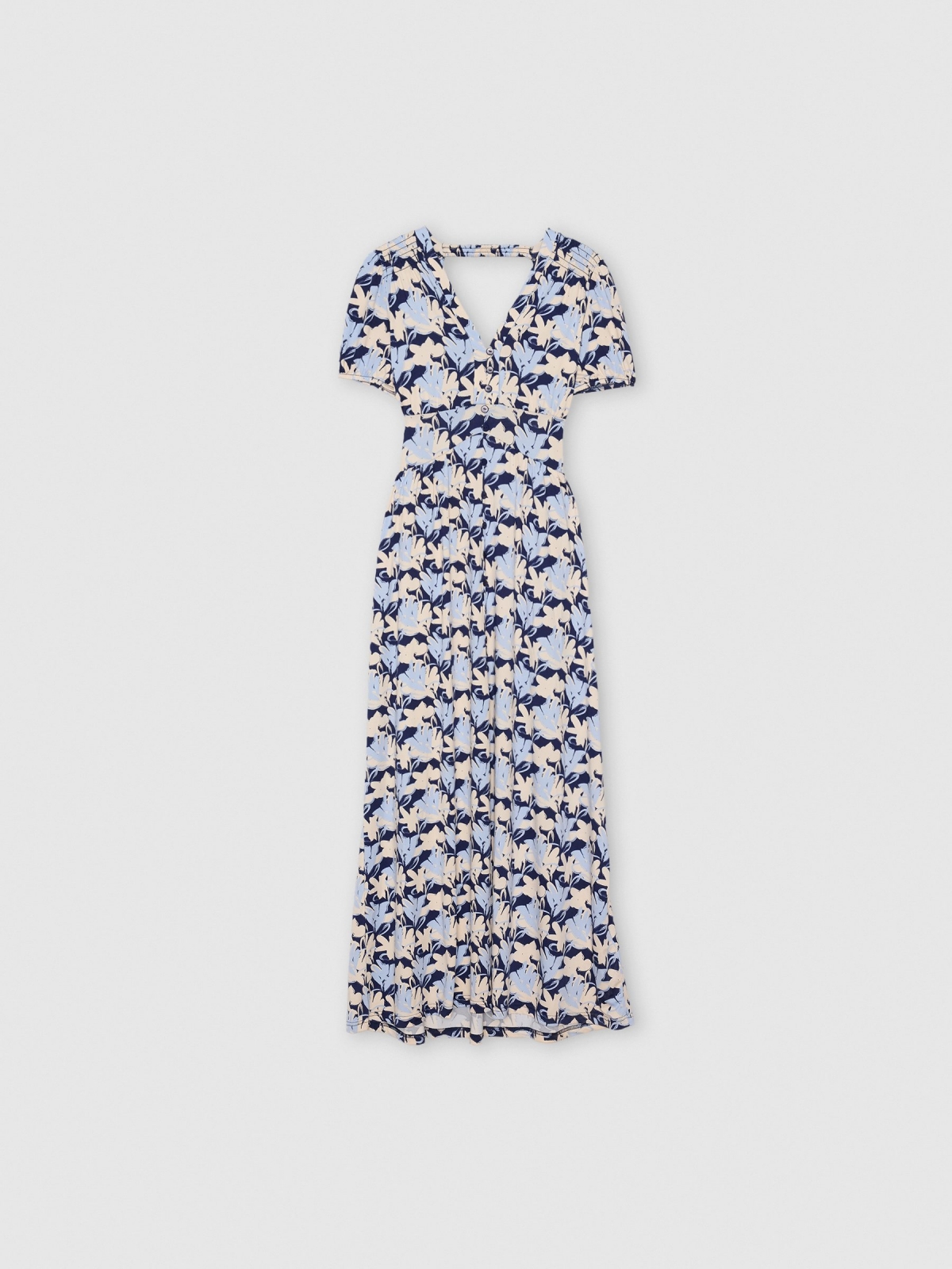 Vestido longo estampado flores azul marinho vista detalhe