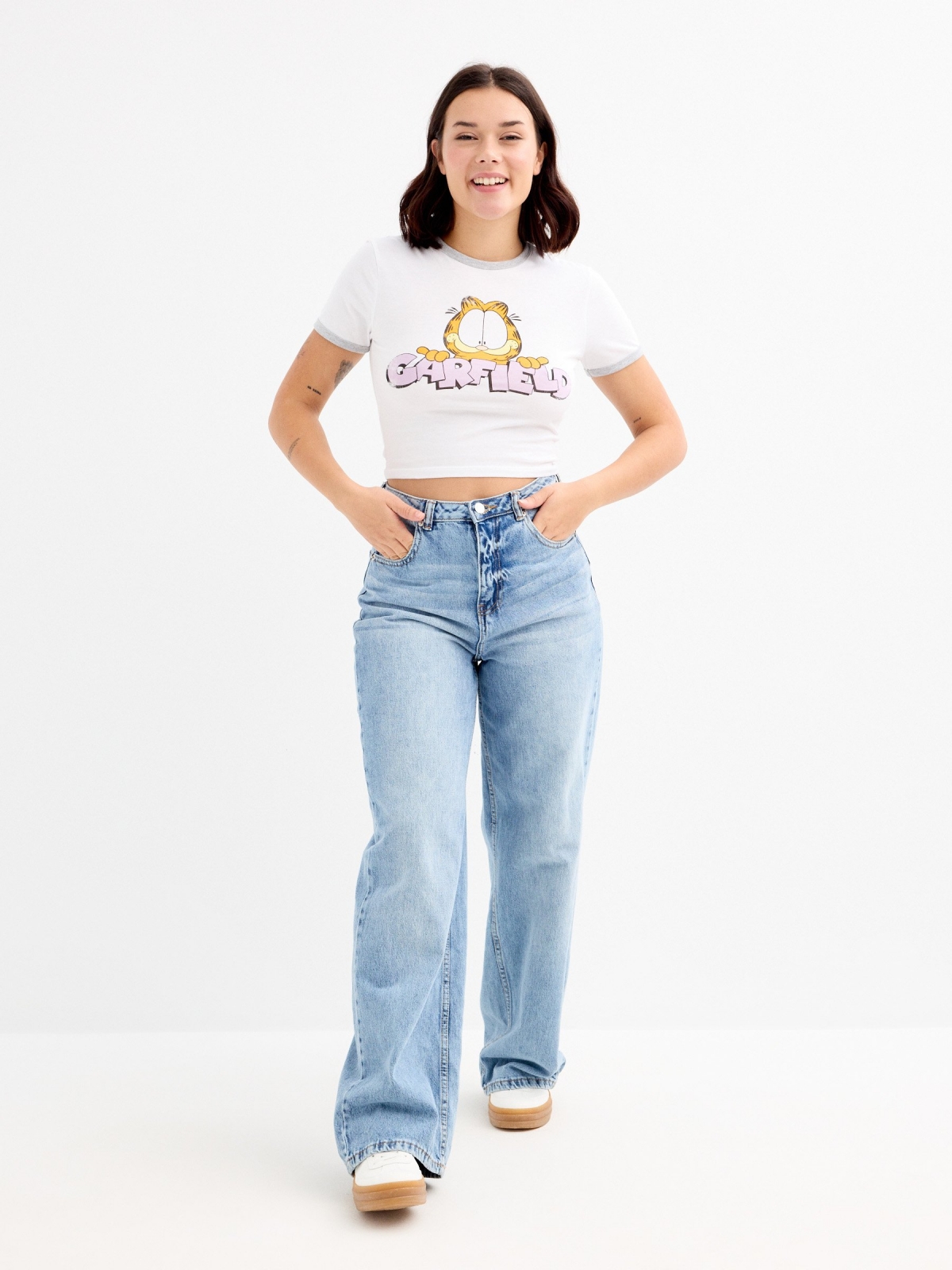 Camiseta de manga curta Garfield branca branco vista geral frontal