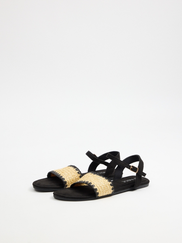 Flat raffia sandal black 45º front view