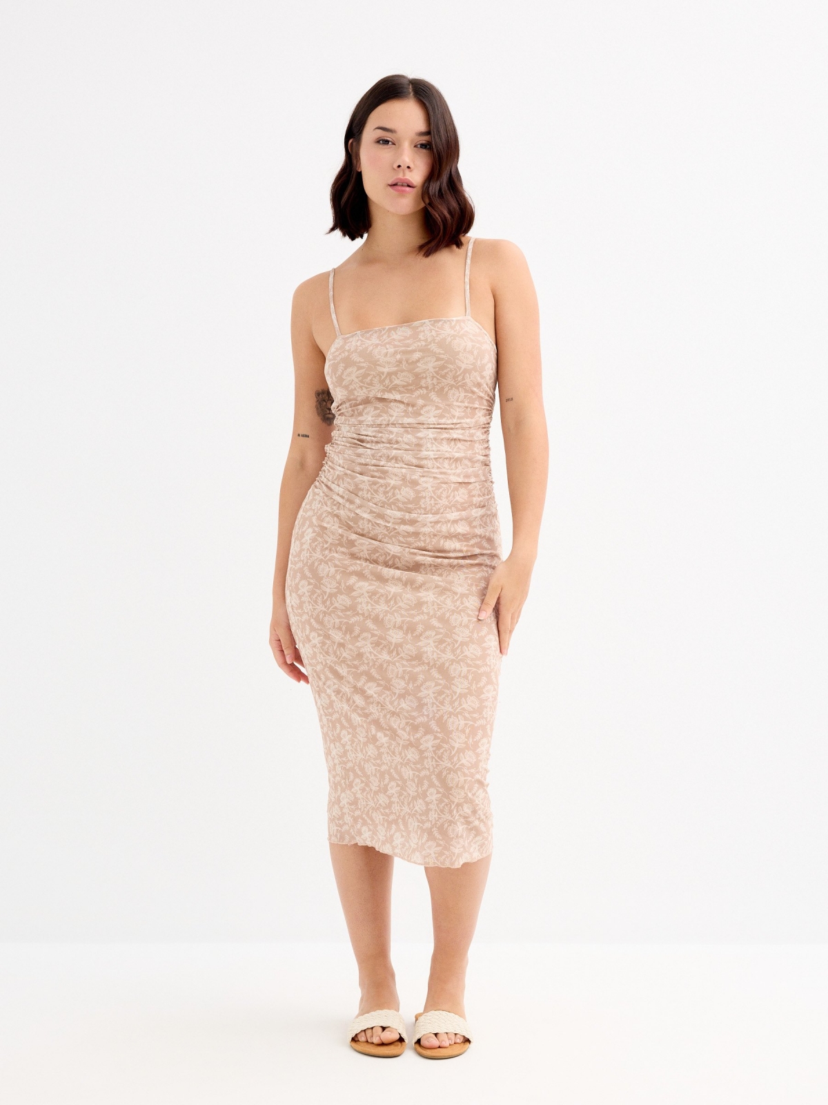 Long printed dress taupe middle front view