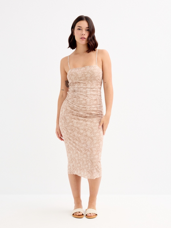 Vestido longo estampado taupe vista meia frontal
