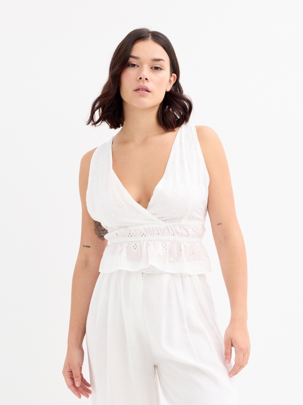 Embroidered backless top white middle front view
