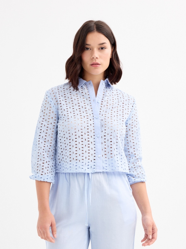 Long sleeve embroidered shirt sky blue middle front view