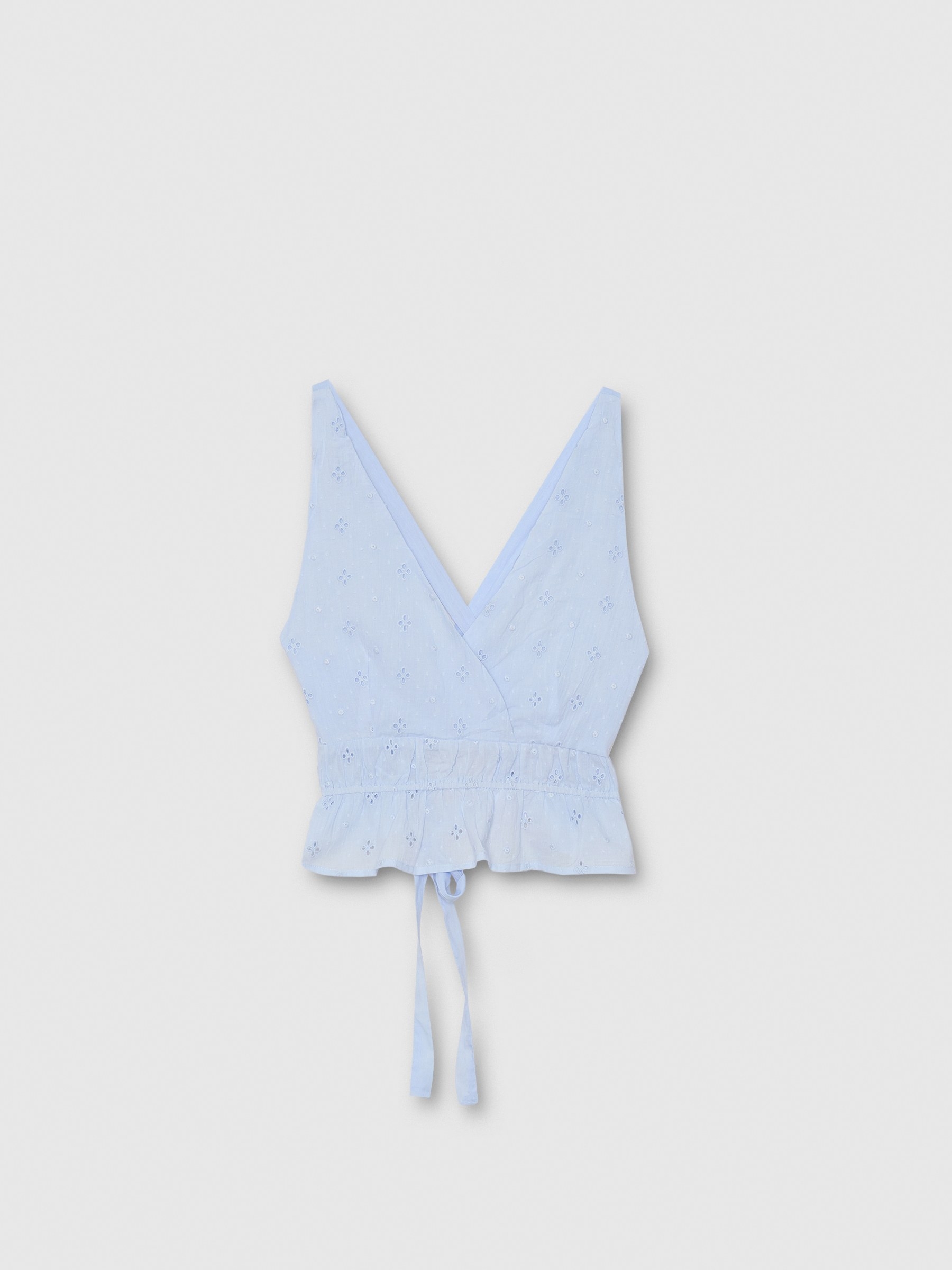 Embroidered backless top sky blue middle front view