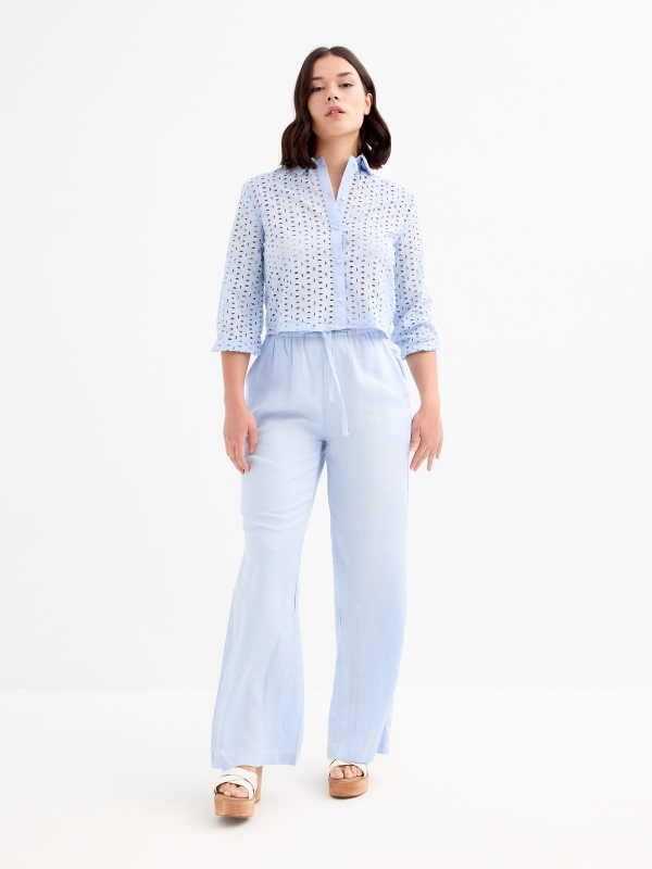 Long sleeve embroidered shirt sky blue front view