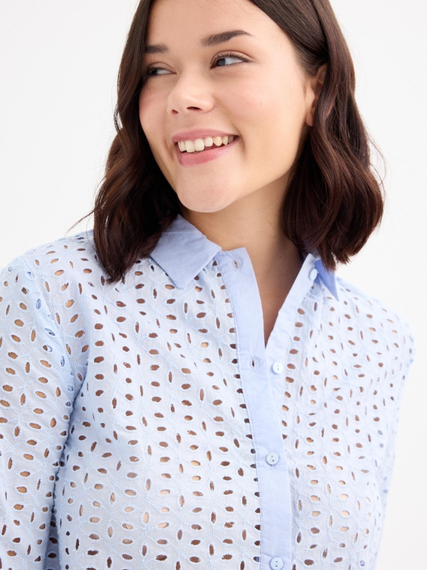 Long sleeve embroidered shirt sky blue front view