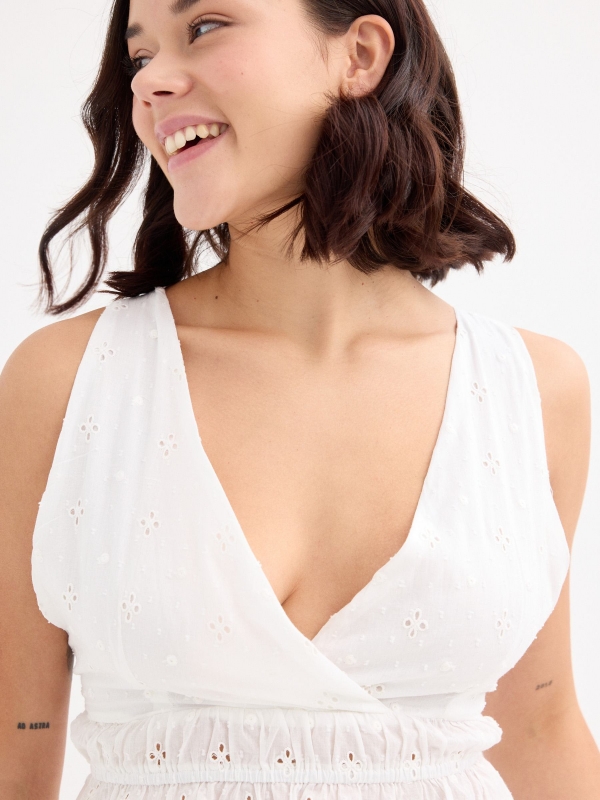 Embroidered backless top white front view