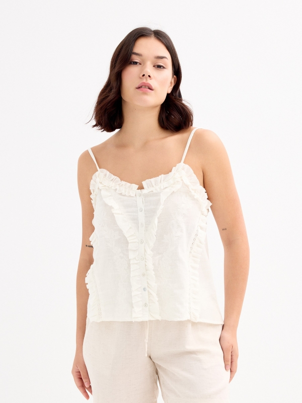 Embroidered strap top off white middle front view