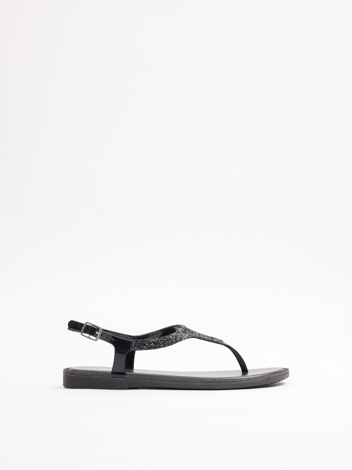 Flat toe sandal with shiny details black