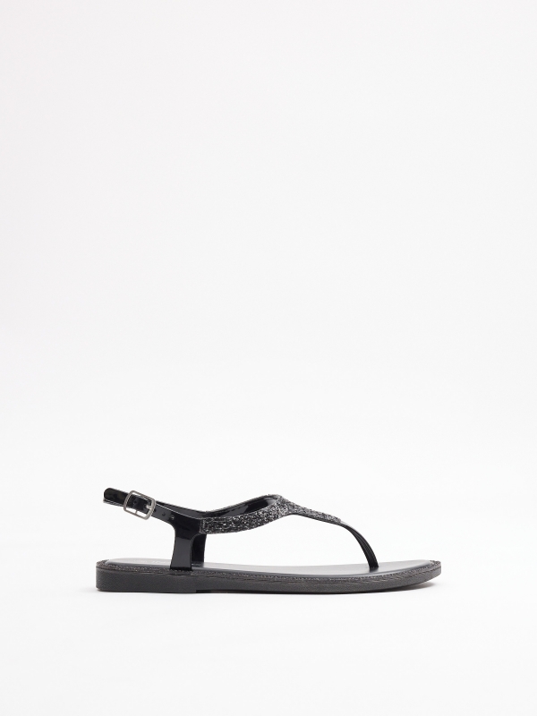 Flat toe sandal with shiny details black