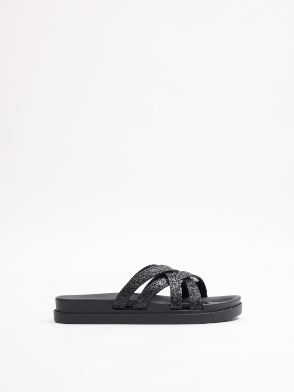 Chanclas tiras cruzadas detalle brillantes negro vista cenital