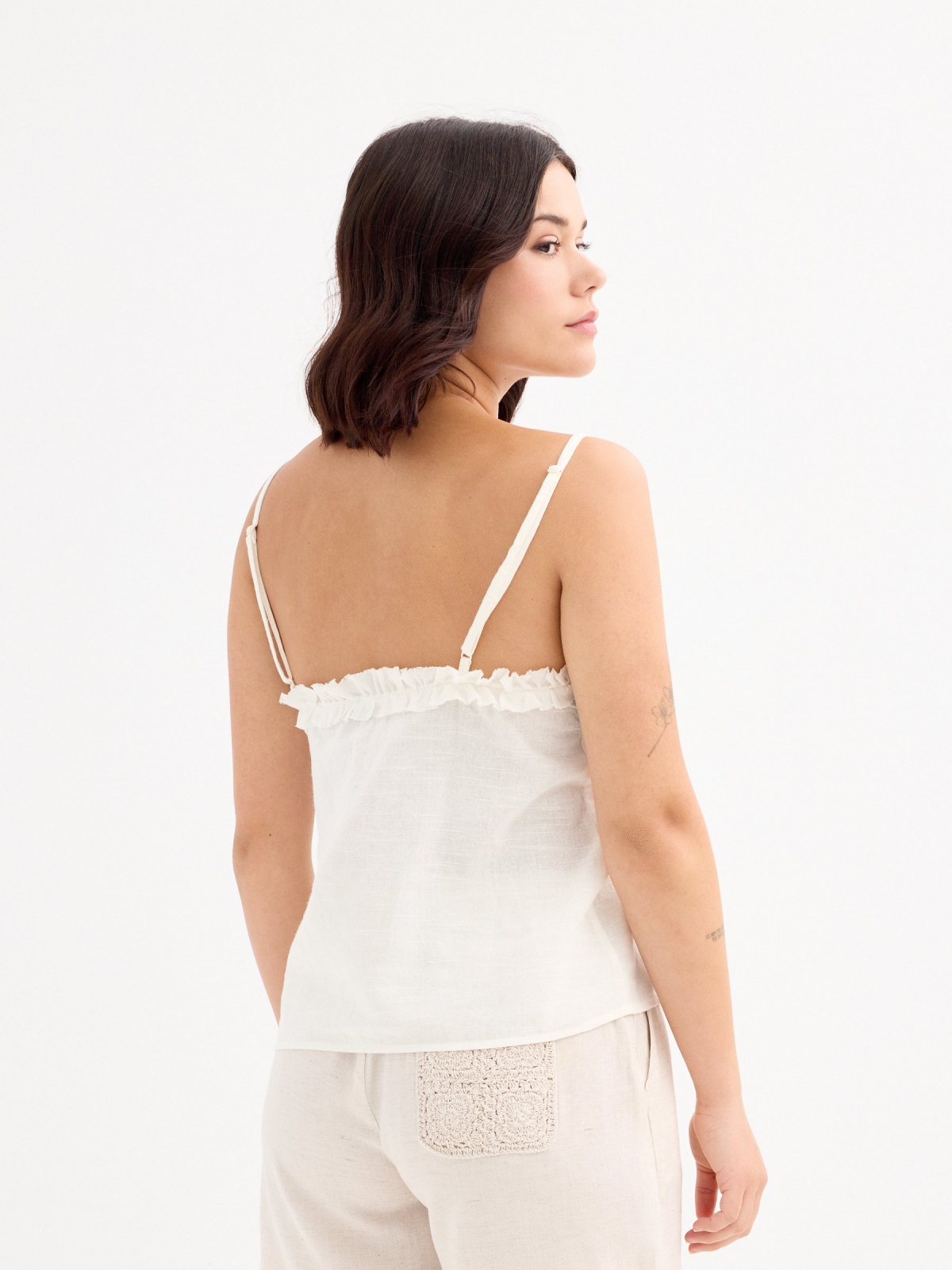 Embroidered strap top off white middle back view