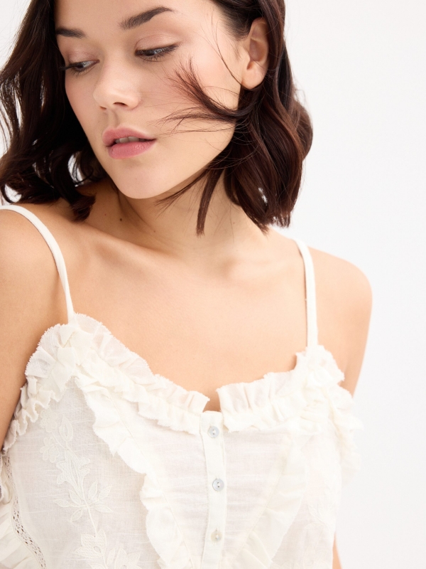 Embroidered strap top off white front view