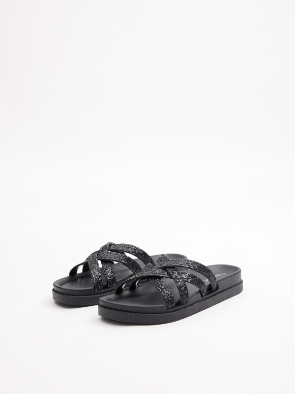 Chanclas tiras cruzadas detalle brillantes negro vista frontal 45º
