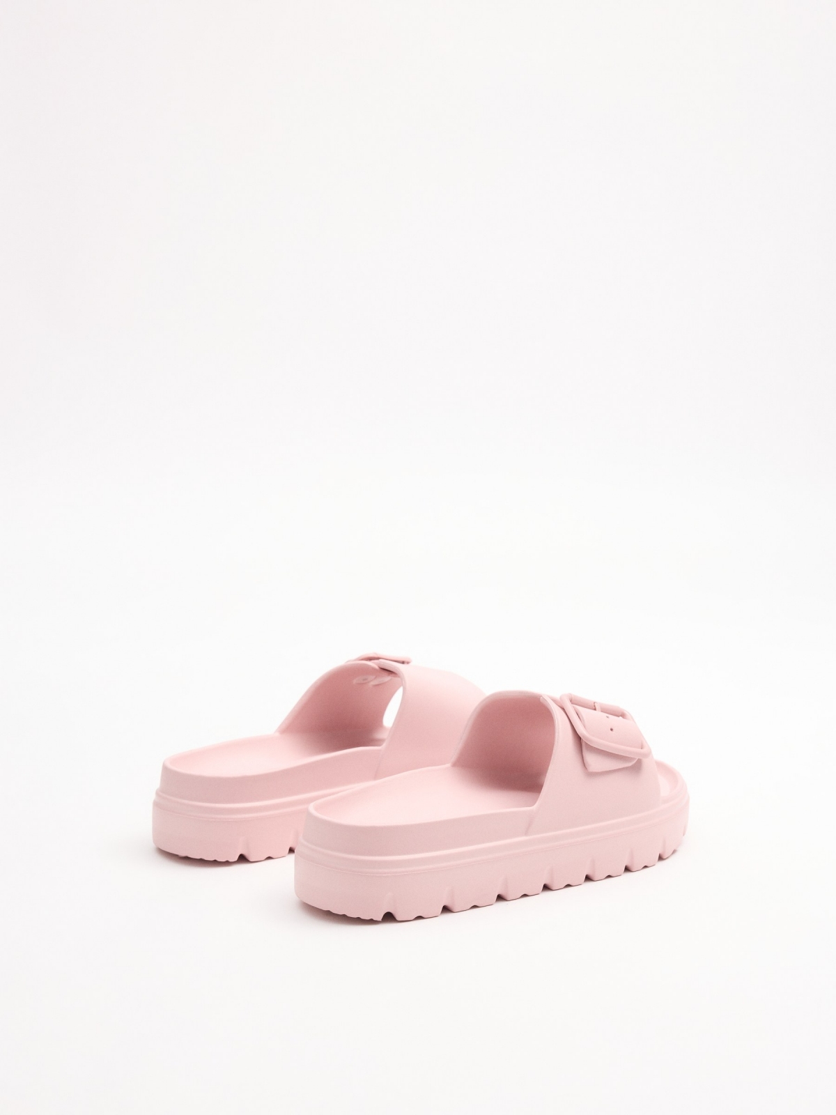 Sandália pala plataforma rosa fivela rosa nude vista frontal 45º