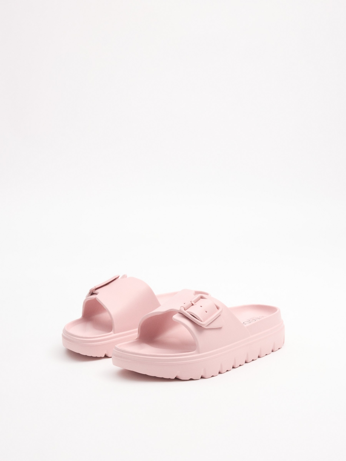 Chancla pala plataforma rosa hebilla rosa nude vista trasera 45º