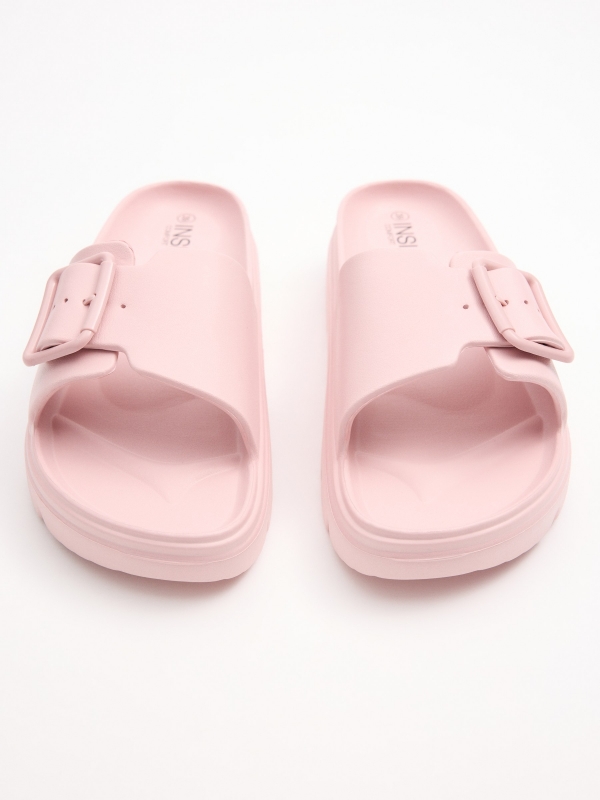 Sandália pala plataforma rosa fivela rosa nude vista detalhe