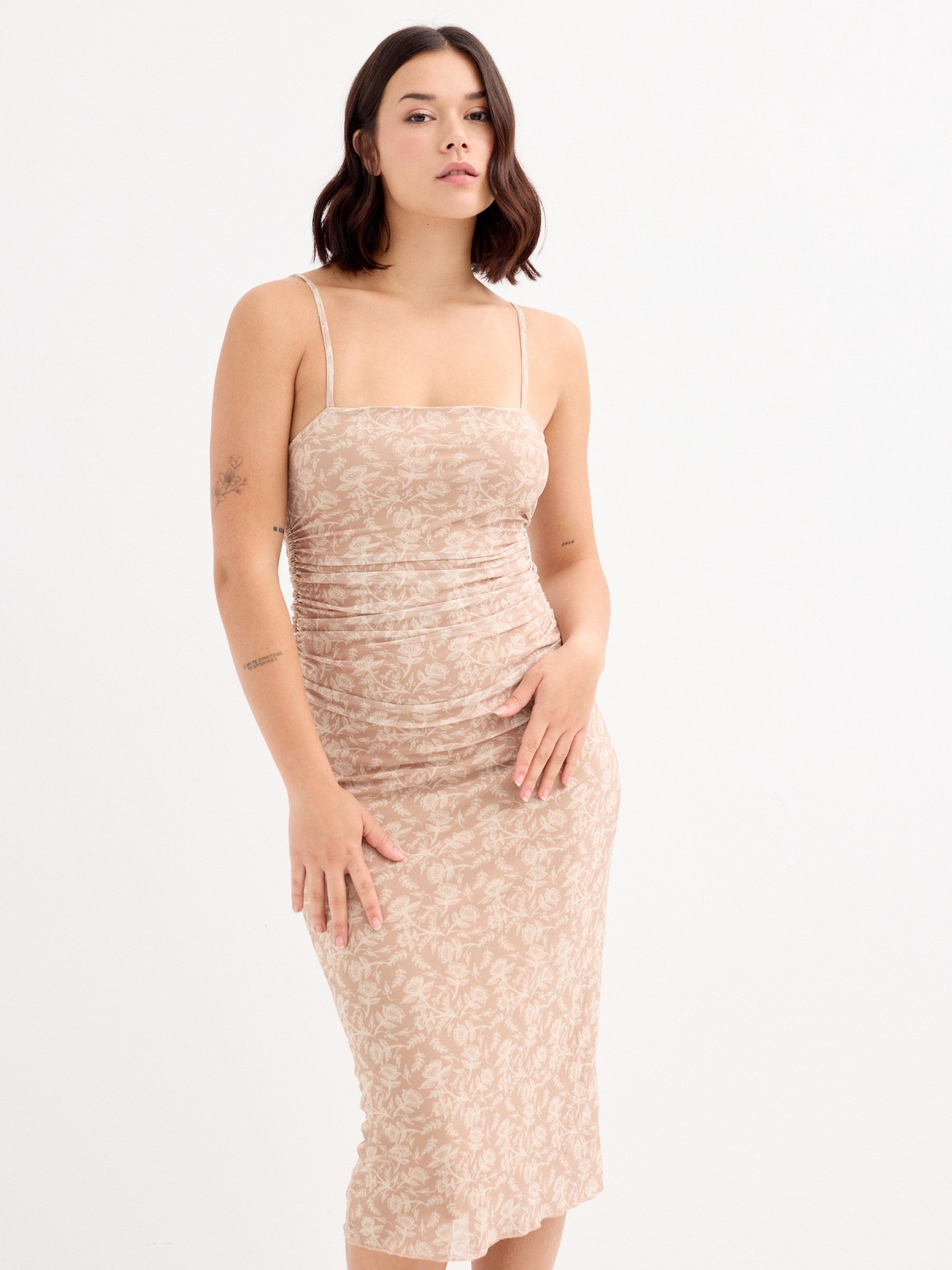 Long printed dress taupe front view