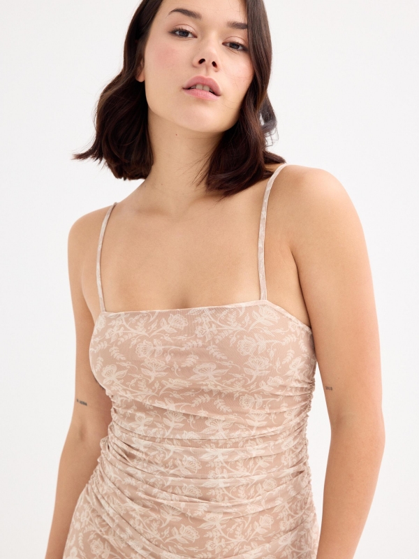 Vestido longo estampado taupe vista geral frontal