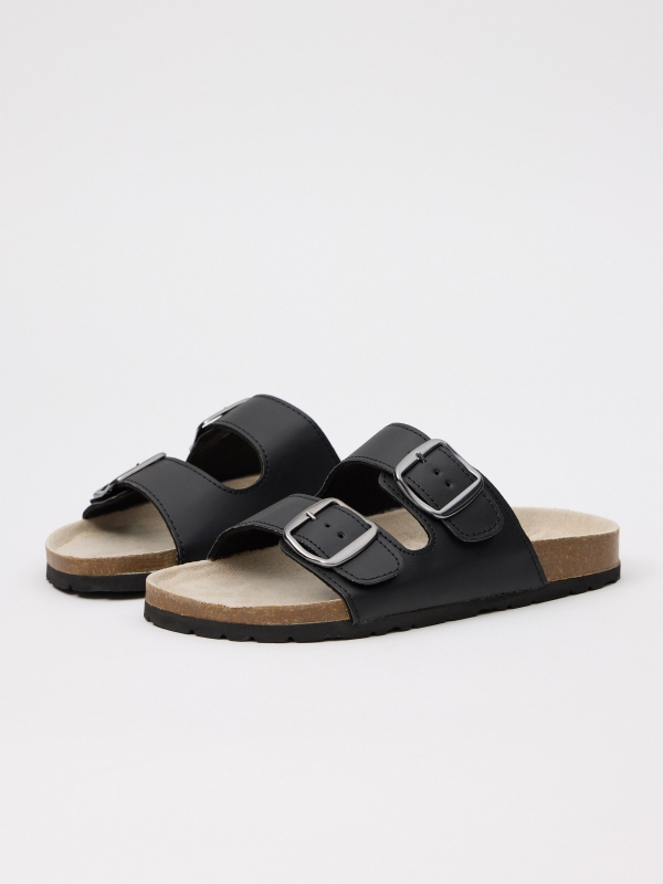 Black buckle sandals black 45º front view