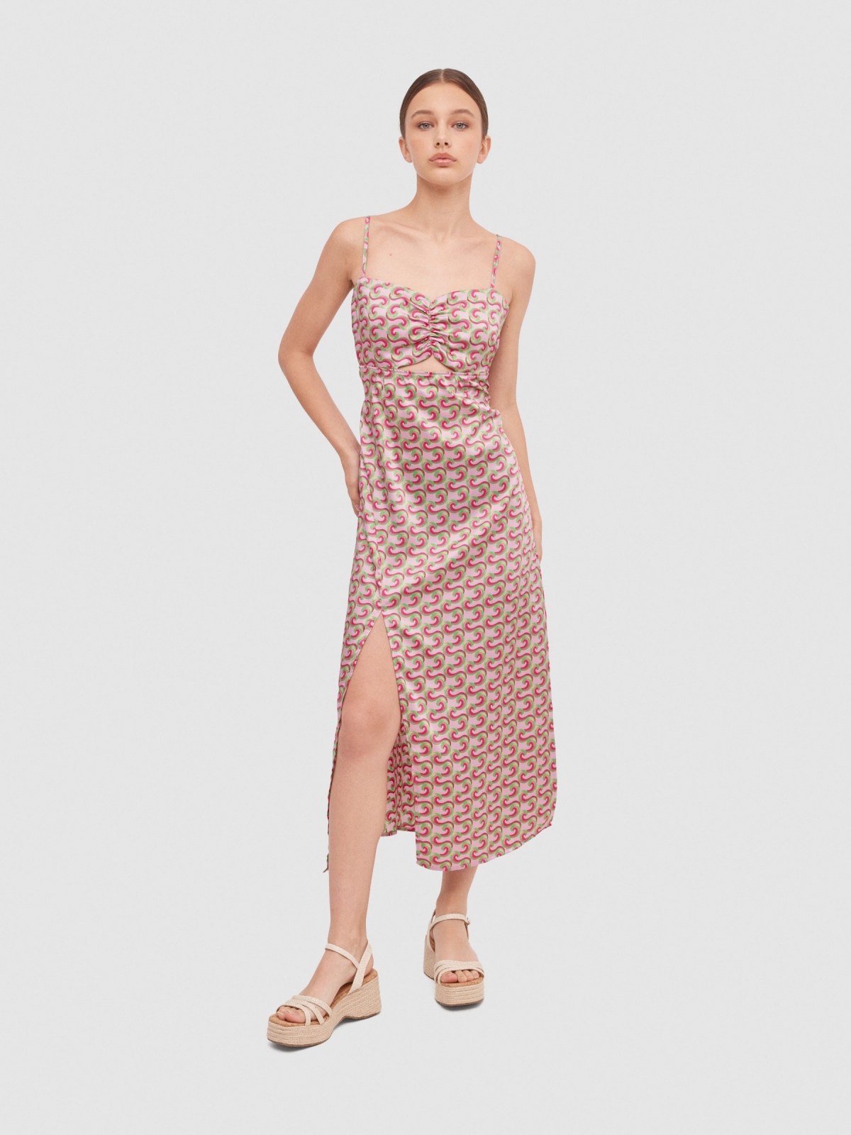Vestido maxi laço traseiro magenta vista meia frontal