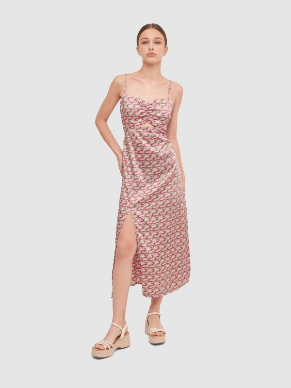 Vestido maxi laço traseiro magenta vista meia frontal