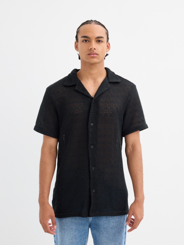 Black short sleeve knit shirt black middle front view