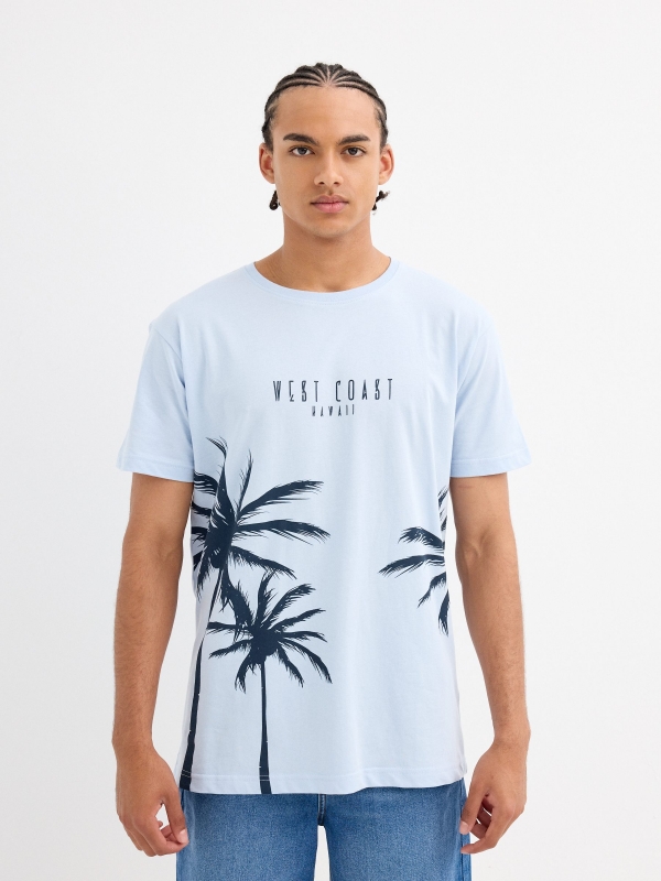 Palm tree print t-shirt light blue middle front view