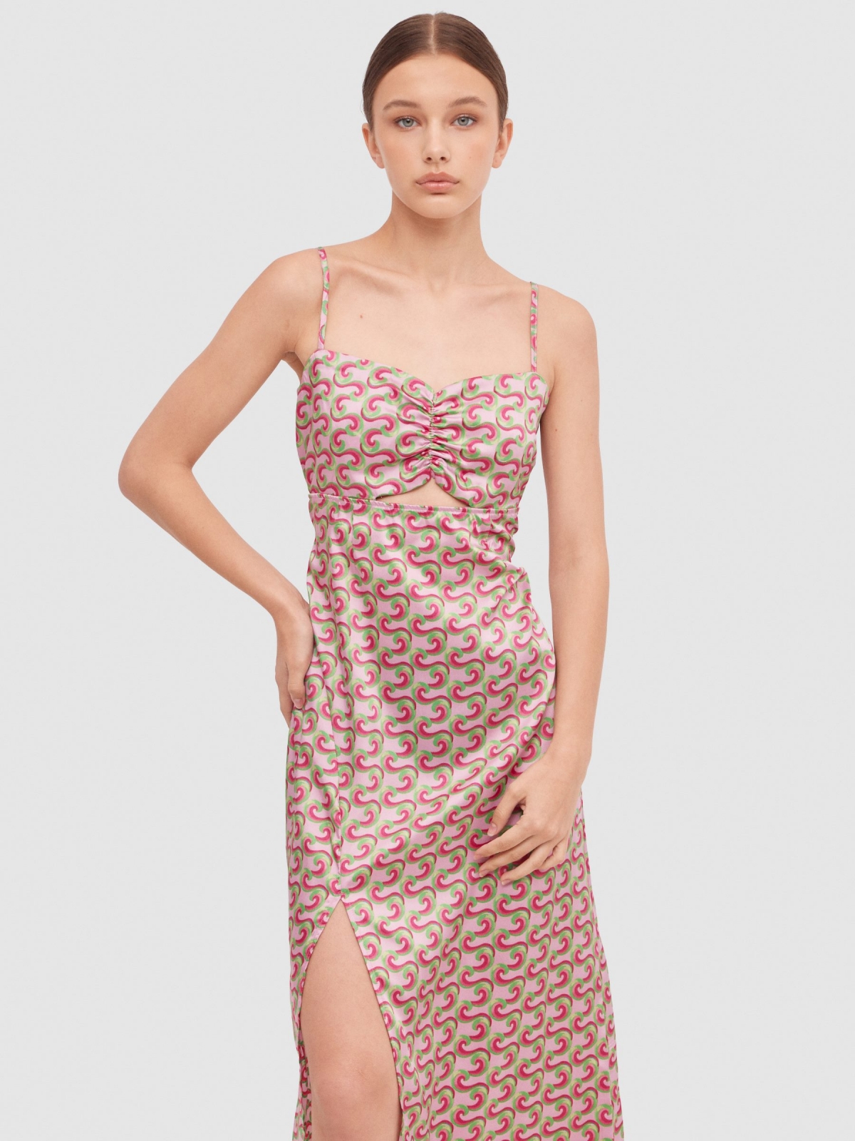 Vestido maxi laço traseiro magenta vista geral frontal