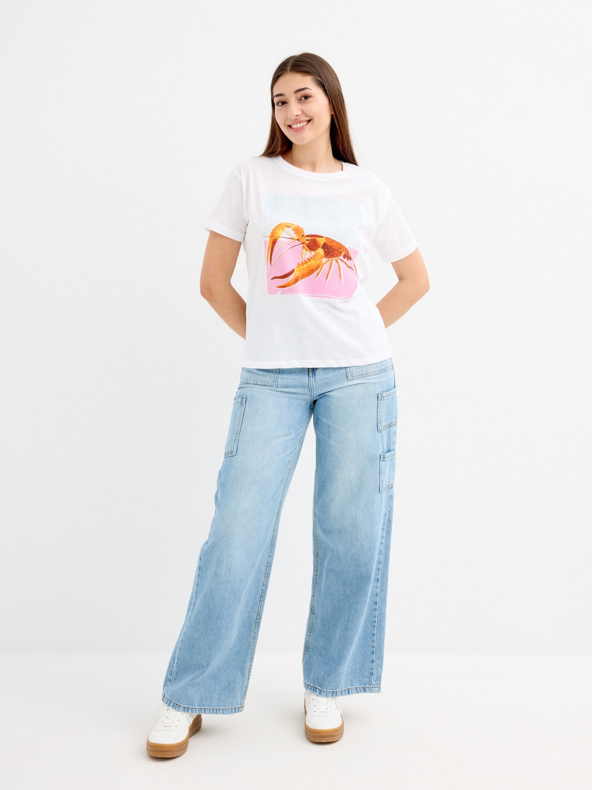Camiseta estampado langosta blanco vista general frontal