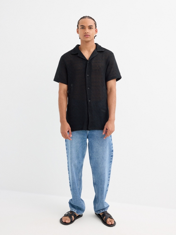 Black short sleeve knit shirt black front view