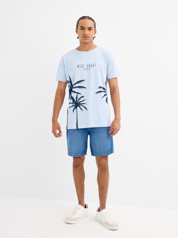 Palm tree print t-shirt light blue front view
